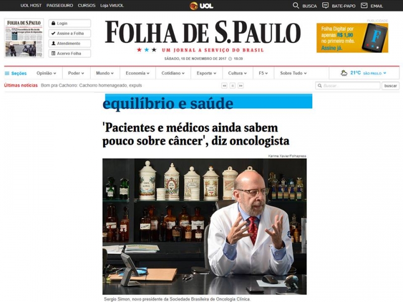 Entrevista do Dr. Sergio Simon &agrave; Folha: pacientes e m&eacute;dicos sabem pouco sobre c&acirc;ncer